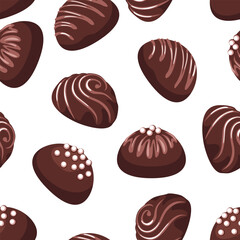 Seamless pattern with chocolate candy isolated on white background. Vector cartoon flat illustration of sweets.