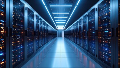 Dark colorful servers center room with computers and storage systems