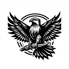 Fototapeta premium Black and white eagle with spread wings holding a sword in its talons