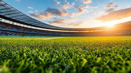 Stadium field with green grass, low-angle view during sunset or sunrise.