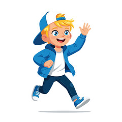 Vector art of happy young boy in casual clothing running and waving