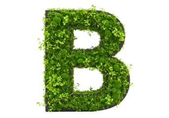 Green letter b made of moss and plants isolated on transparent background