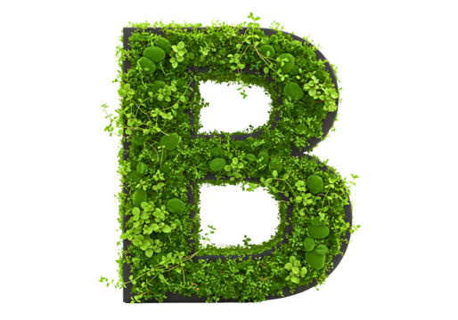 Green letter b made of moss and plants isolated on transparent background
