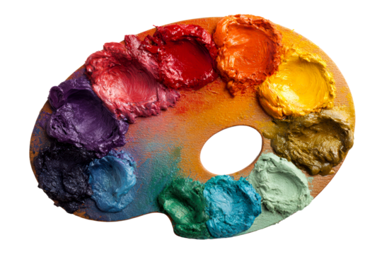 Colorful artist palette with various paint hues