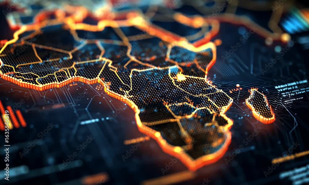 Sticker digital map of africa with glowing data points and futuristic lines, symbolizing global connectivity