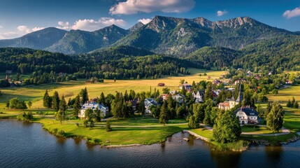 Obraz premium Picturesque village by mountain lake