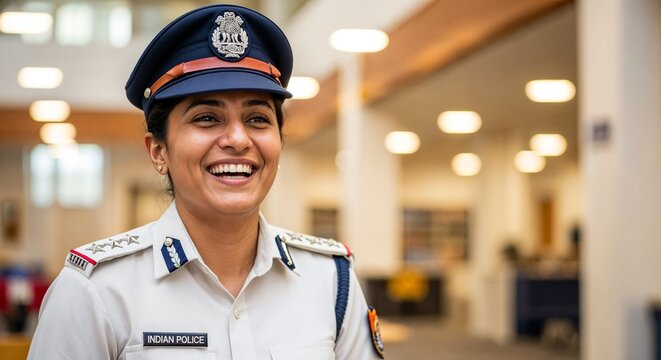 Successful Indian policewoman expressing happiness and job satisfaction in uniform