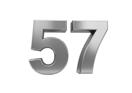 Isolated Silver Metallic Number 57 Digit with Shadow on Transparent Background