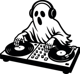 Ghost DJ Spinning Records Illustration, Halloween Ghost Disc Jockey Vector Art