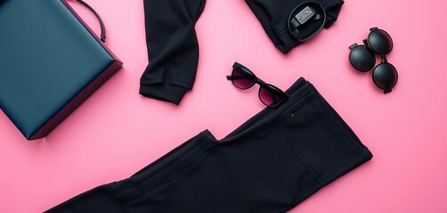 Black jeans, black shirt, handbag, sunglasses on pink background Flat lay style Shopping sale concept, top, online shopping