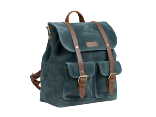 Stylish teal canvas backpack with brown leather straps and buckles, Isolated On White Background, Png Transparent