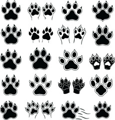 Fototapeta premium A diverse collection of black and white illustrated animal paw prints and tracks.