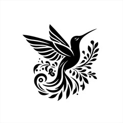 Obraz premium Elegant black hummingbird with decorative floral elements