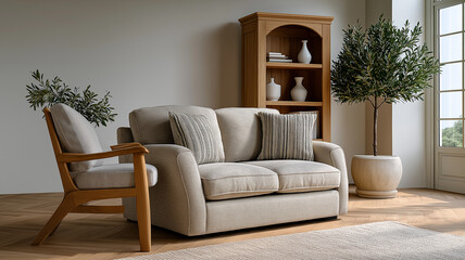 Cozy modern living room interior with neutral sofa, plush cushions, fabric armchair, and tall olive tree in ceramic planter, modern home lounge, neutral interior design, cozy apartment decor, minima

