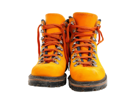 Worn orange hiking boots isolated on black background, Isolated On White Background, Png Transparent