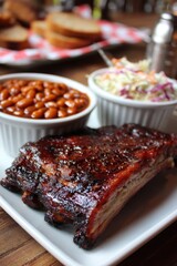 Bbq Baked Beans. Traditional Southern Cookout with Ribs and Coleslaw