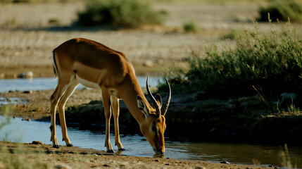 Graceful Saiga Antelope Drinks Water in a Sunlit Arid Landscape
