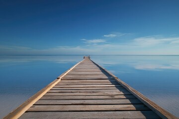Fototapeta premium Beyond Horizon. Abstract Concept of Courage on Wooden Pier in Blue Ocean Background