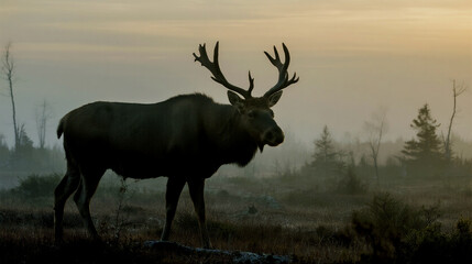 Fototapeta premium Majestic Bull Moose Stands Tall in Misty Sunrise Forest Landscape