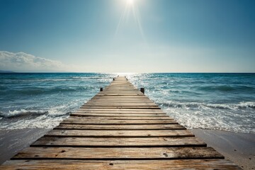 Beyond Horizon. Abstract Concept of Courage with Wooden Pier on Blue Beach Background