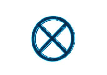 Neon Blue Abstract Symbol Of Crossing Lines And Circle Isolated On Black Background