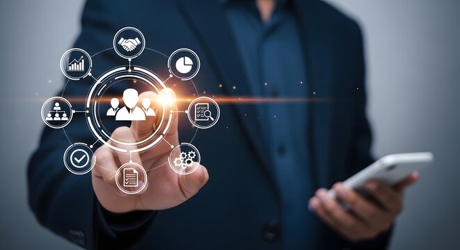 Business process automation concept with businessman touching interface for management system