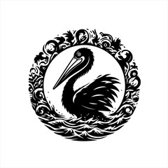 Stylized black pelican in ornate circle emblem