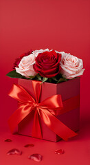 Photo of Red Rose Bouquet in Red Gift Box with a Red Ribbon Bow
