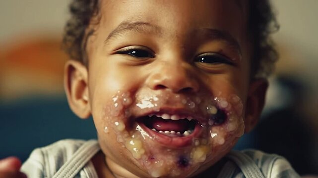 Adorable baby enjoying a delicious meal with a messy face and joyful smile