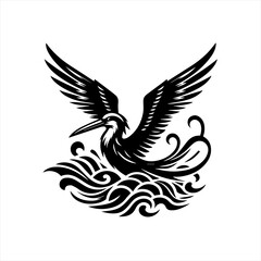 Fototapeta premium Stylized heron bird in flight over abstract waves