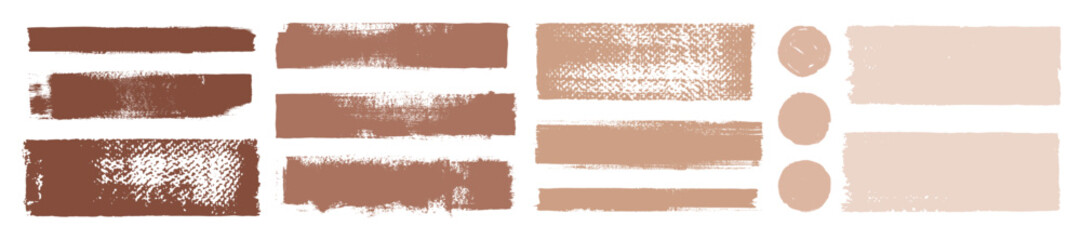 Mocha Mousse paint swatches. Color scheme of the year 2025. Vector brush strokes. Cosmetic foundation textures. Makeup smudges. Grungy long brushstroke dabs and daubs. Liquid make up shade samples