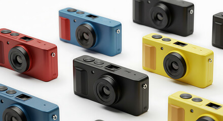Colorful Camera Collection on White Surface for Photography Gear