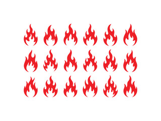 Collection of red flame icons silhouette isolated on white background