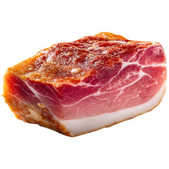 Close up view of a chunk of cured meat with visible marbling and texture isolated on transparent background