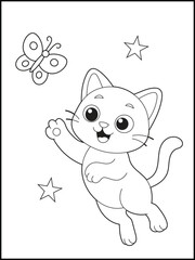 Playful Kitten Chasing Butterfly – Black and White Line Art Printable Coloring Page for kids.