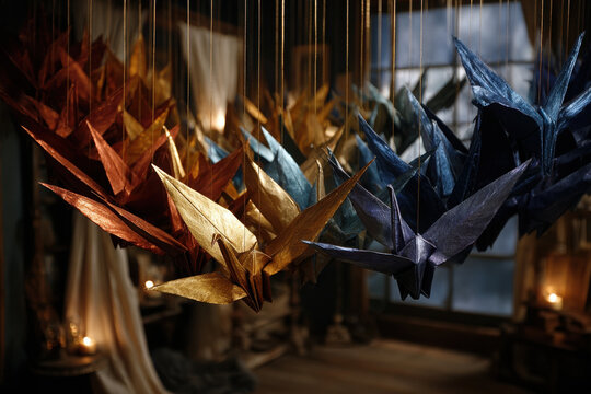 Colorful origami cranes create artistic ceiling display