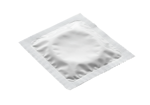 Single condom in white wrapper isolated on transparent background
