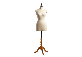 Vintage tailors dress form mannequin on wooden stand isolated on transparent background