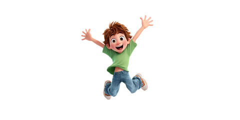A young boy in a green shirt and blue jeans is jumping joyfully with arms raised, showing excitement and happiness.