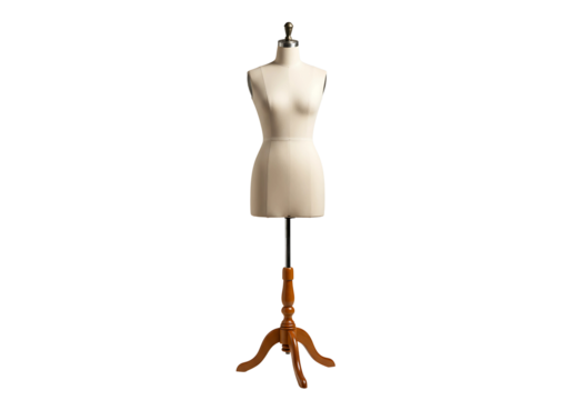 Vintage tailors dress form mannequin on wooden stand isolated on transparent background