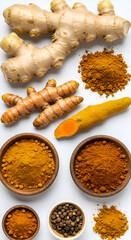 Photo Turmeric and Ginger Spices Displayed on White Background with Herbs and Healthy Cooking Ingredients