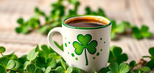 St Patrick's Day coffee cup with shamrock design  Perfect for Irish themed cafes,  isolated,  coffee
