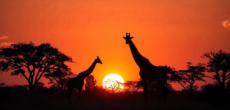 Silhouetted giraffe family at sunset, acacia trees, Masai Mara, Kenya,  image,  African savanna - Powered by Adobe