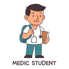 Cartoon medic student with stethoscope and book for healthcare, hospital and education by university study with backpack and uniform for clinic or nurse training. Vector illustration
