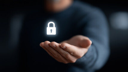 Cyber data protection visualization showing bright digital padlock hovering over hand in secure technology setting, cyber protection concept, holographic security icon, online data encryption, futur

