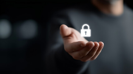 Outstretched male hand holding glowing digital padlock hologram in dark tech background, symbolizing cybersecurity and online privacy, cyber protection concept, holographic security icon, online data 