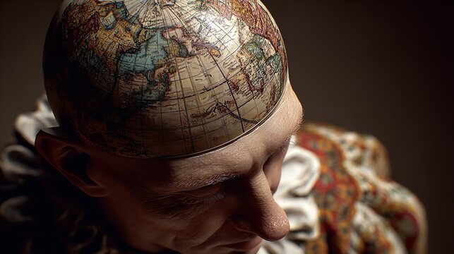 Pondering global connections A creative mind envisions the world contemplating travel knowledge and the vastness of our