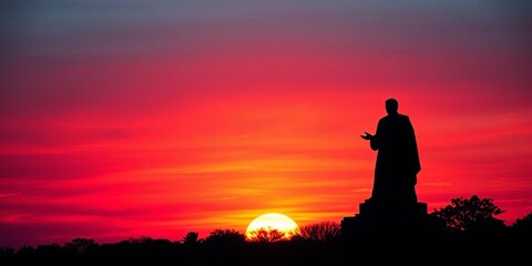 Dark statue silhouette against vibrant sunset hues,  classic, light