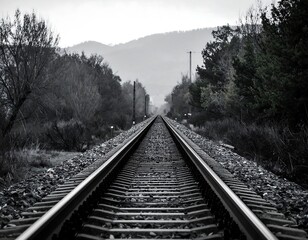 A grayscale perspective of train tracks disappearing into the distance, surrounded by trees and hills