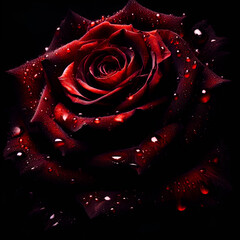 A stunning macro close-up of a vibrant red rose with delicate water drops on its velvety petals